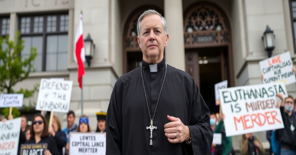 Ksiądz w sutannie modli się przed budynkiem rządowym w Quebecu podczas protestu przeciw aborcji i eutanazji