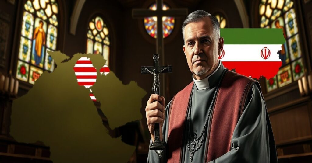 Ksiądz w tradycyjnym stroju liturgicznym z krzyżem przed mapą Bliskiego Wschodu podczas eskalacji napięć militarnych między USA a Iranem