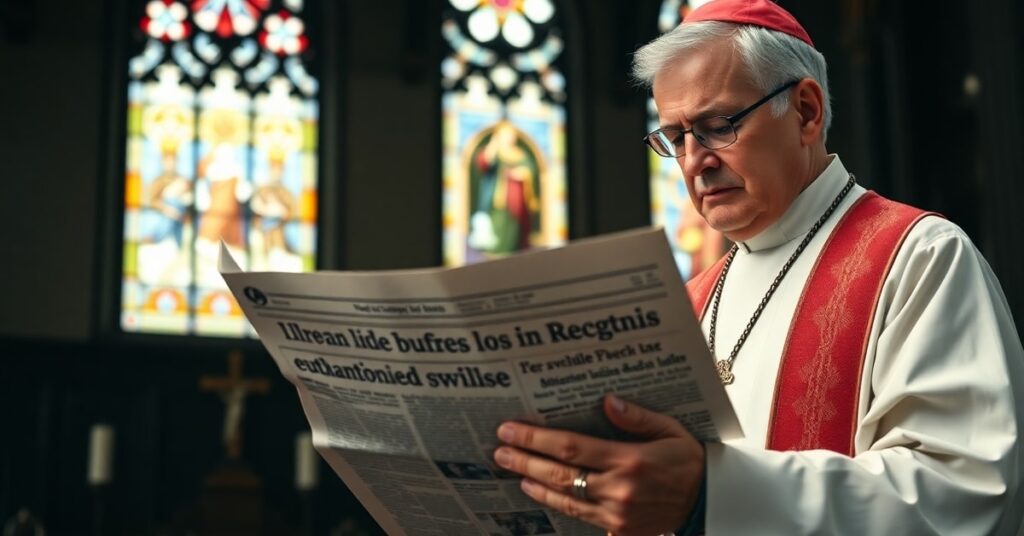 Ksiądz w tradycyjnym stroju liturgicznym trzymający gazetę z nagłówkiem o eutanazji w Nowym Jorku i Illinois