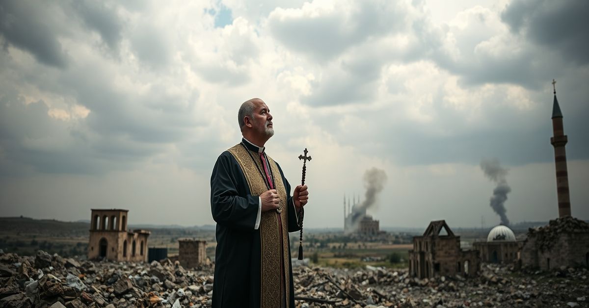 Katolicki ksiądz w tradycyjnych szatach modlący się na tle spustoszonego krajobrazu Bliskiego Wschodu.