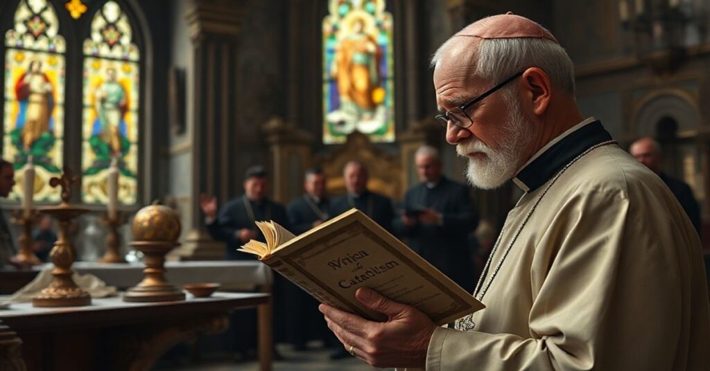 Tradycyjny ksiądz modlący się w starej katedrze przed nowoczesnymi reformatorami