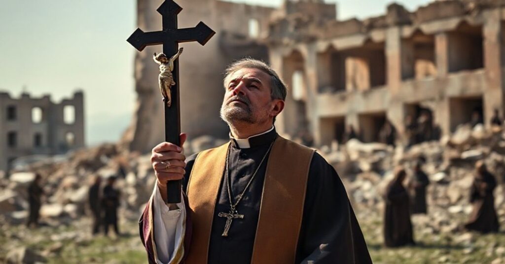 Katolicki ksiądz w tradycyjnych ornatach modli się na tle zniszczonej Gazy, trzymając krzyż, symbolizując brak pokoju bez Chrystusa Króla.