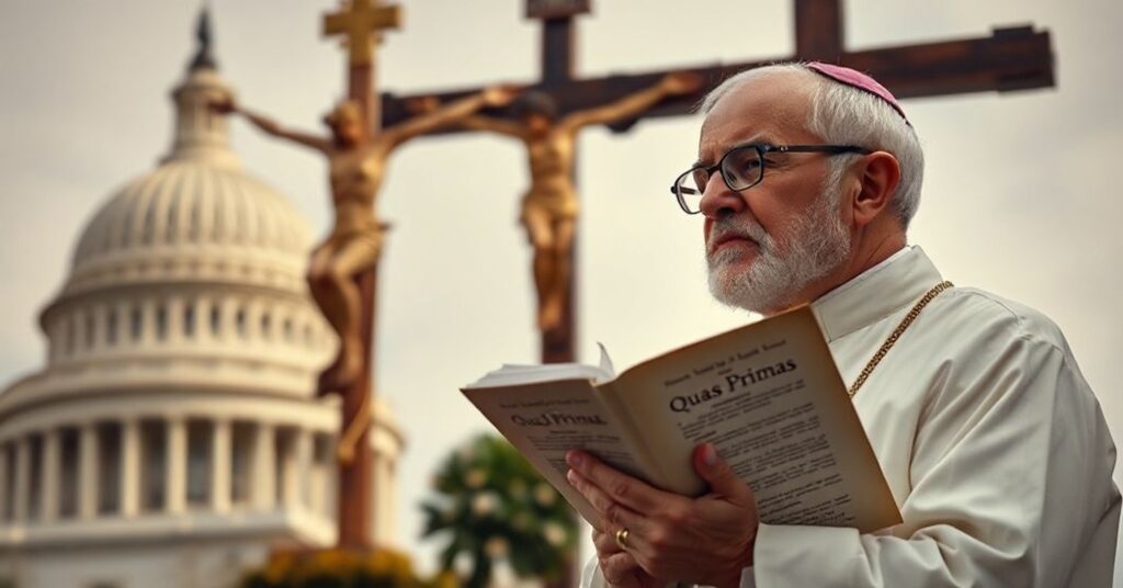Tradycyjny ksiądz katolicki w modlitwie przed krzyżem z książką Quas Primas w tle Kapitol USA.