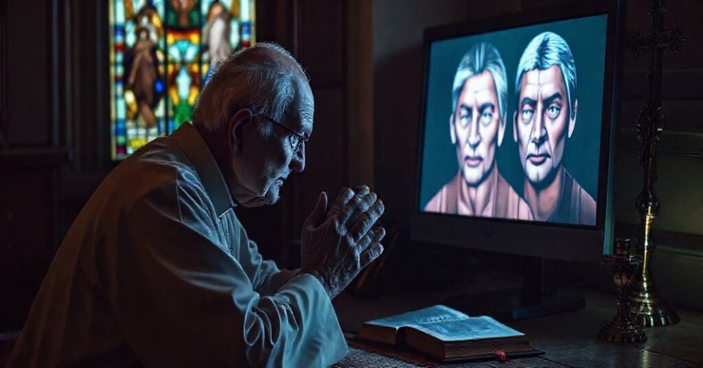Stary ksiądz modlący się przed monitorem z zniekształconymi twarzami generowanymi przez AI, symbolizujący duchowe zagrożenia sztucznej inteligencji