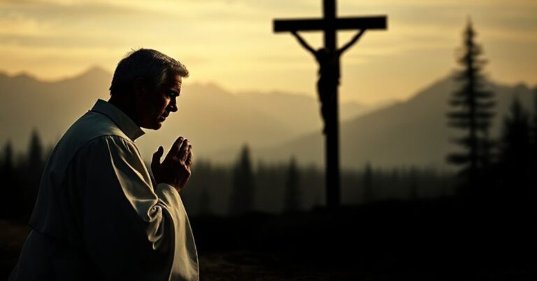 Ksiądz modlący się przed krzyżem z tłem Kolumbii Brytyjskiej, symbolizujący moralny upadek społeczny i duchowy wymiar tragedii narkotykowej.