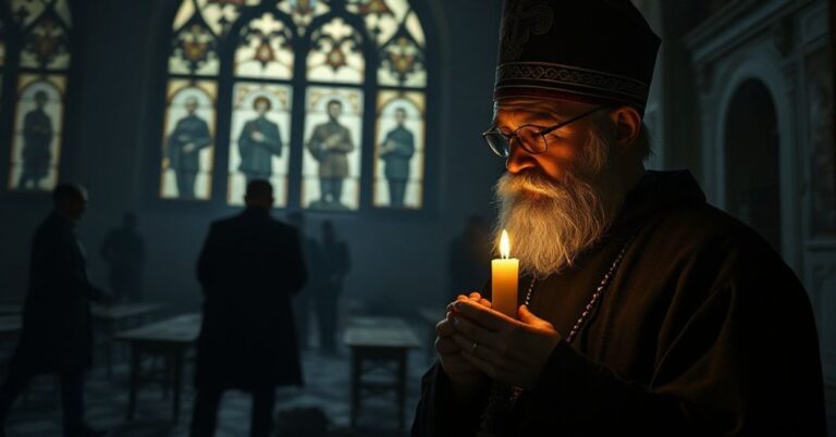 Przedstawienie tradycyjnego księdza prawosławnego modlącącego się przed zniszczonym kościołem z cieniami aresztowanych osób na witrażach. Scena symbolizuje duchową opozycję wobec represji w Rosji.