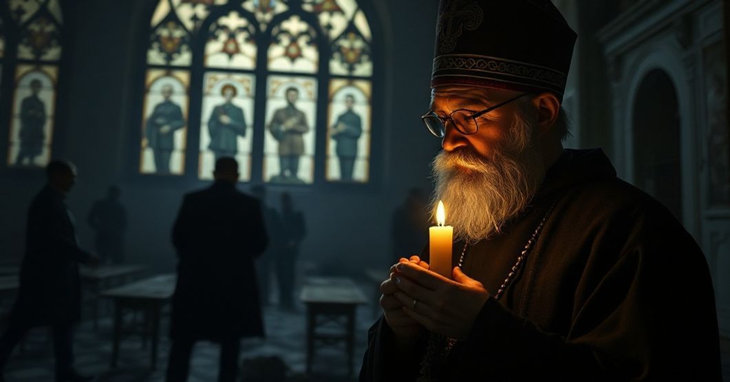 Przedstawienie tradycyjnego księdza prawosławnego modlącącego się przed zniszczonym kościołem z cieniami aresztowanych osób na witrażach. Scena symbolizuje duchową opozycję wobec represji w Rosji.