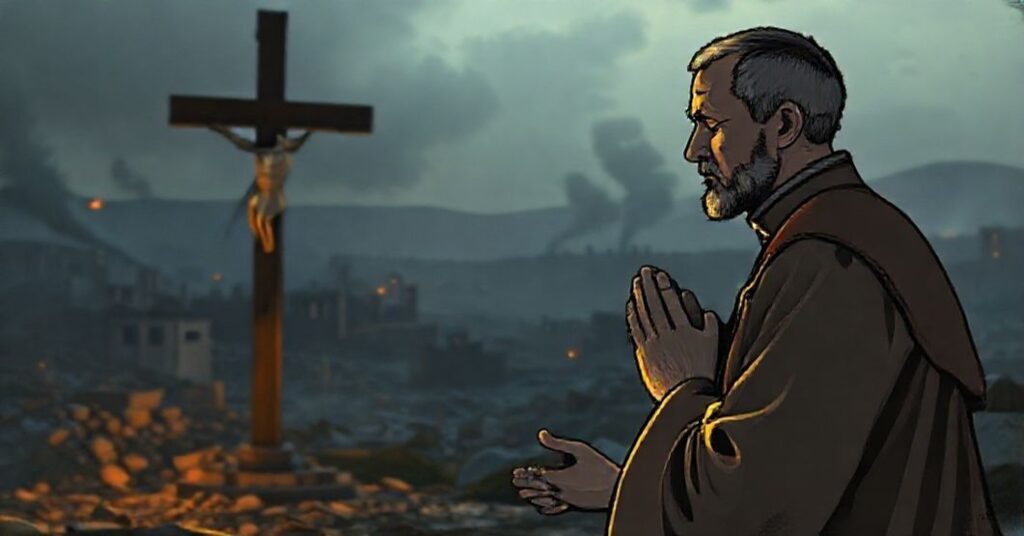 Kneeling Catholic priest in traditional vestments praying before a crucifix with a war-torn Strefa Gazy in the background