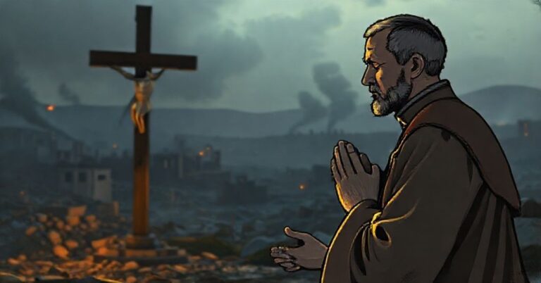 Kneeling Catholic priest in traditional vestments praying before a crucifix with a war-torn Strefa Gazy in the background
