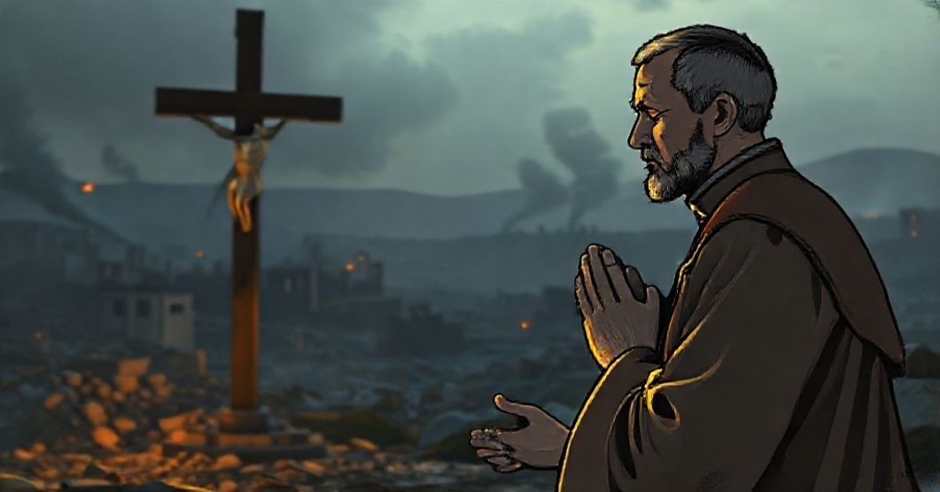 Kneeling Catholic priest in traditional vestments praying before a crucifix with a war-torn Strefa Gazy in the background