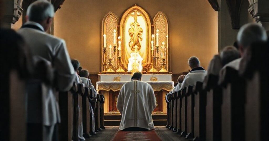 Ksiądz w tradycyjnym stroju liturgicznym modli się przed Najświętszym Sakramentem w skromnej parafii, podkreślając prawdziwy pokój przez Chrystusa Króla.