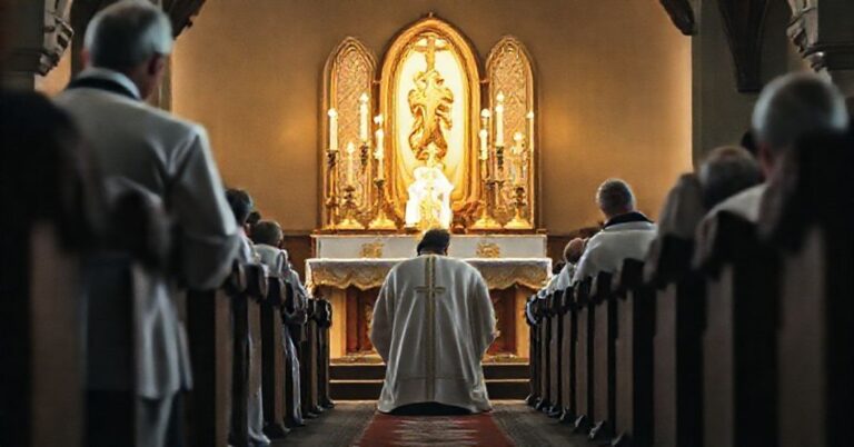 Ksiądz w tradycyjnym stroju liturgicznym modli się przed Najświętszym Sakramentem w skromnej parafii, podkreślając prawdziwy pokój przez Chrystusa Króla.