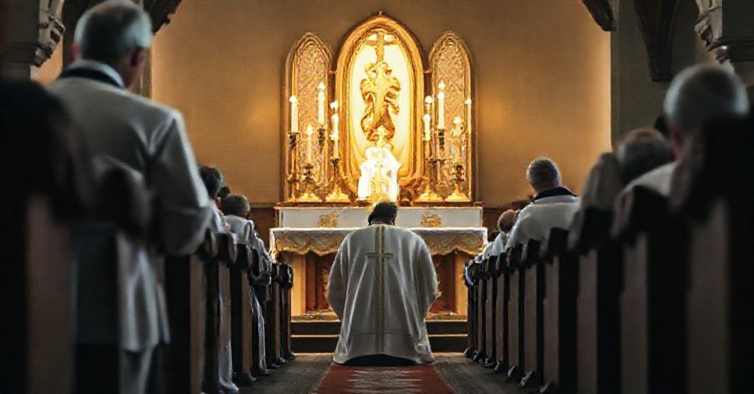 Modlitwa o pokój w tradycyjnej parafii Ksiądz w tradycyjnym stroju liturgicznym modli się przed Najświętszym Sakramentem w skromnej parafii, podkreślając prawdziwy pokój przez Chrystusa Króla.