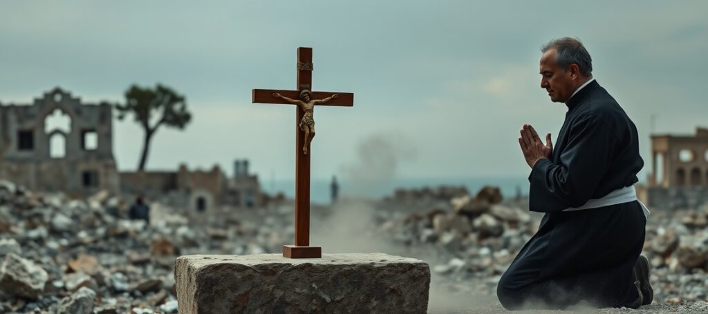Ksiądz w modlitwie w ruinach Gazy – krytyka humanitaryzmu posoborowego w kontekście tysiąca dni wojny