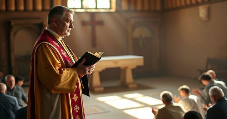 Ksiądz w tradycyjnych szatach kapłańskich stoi przed prostym ołtarzem, trzymając Biblię i patrząć na ubogich modlących się na kolanach. Scena jest oświetlona ciepłym światłem naturalnym, wywołując pokój i duchową refleksję.