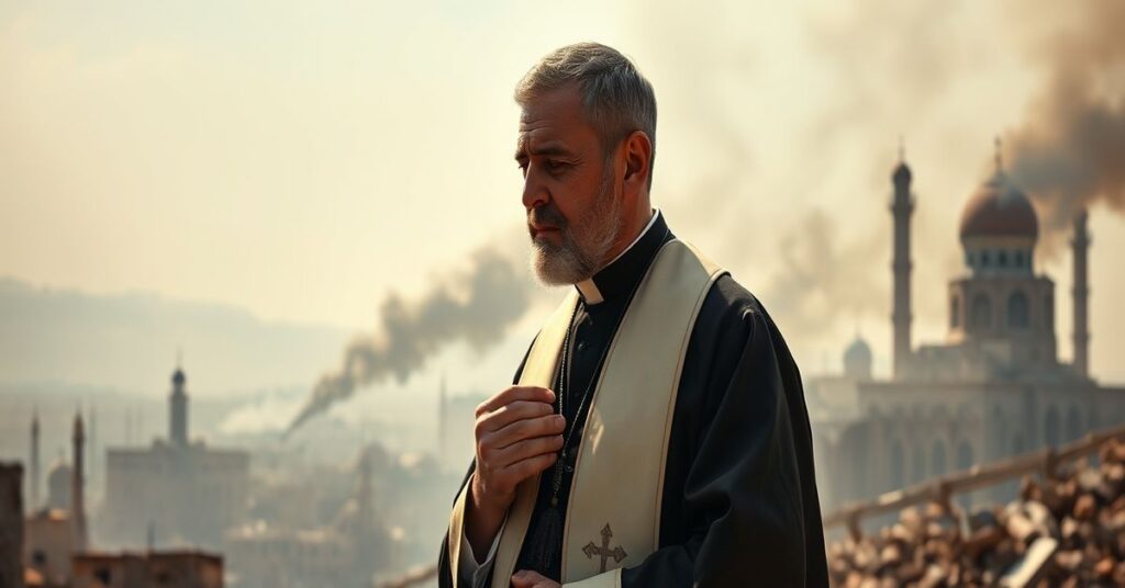 Ksiądz w ornacie modli się przed widokiem zniszczonego Bejrutu i Iranu.