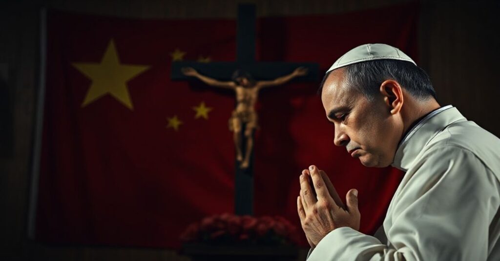 Ksiądz w modlitwie przed krzyżem z tłem chińskiej flagi w cieniu. Obraz symbolizuje moralny konflikt polityki wobec wiary.