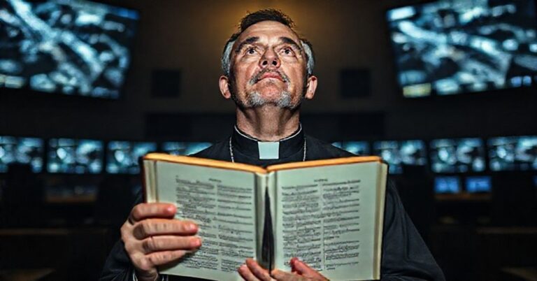 Ksiądz katolicki w kościele modlący się o pokój podczas militarnej ekspansji w kosmosie