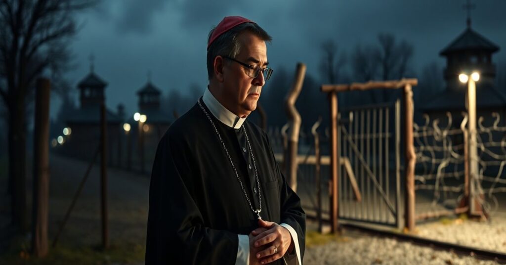 Ksiądz w tradycyjnym strój liturgiczny modli się przed bramami Auschwitz-Birkenau, trzymając różaniec. Scena podkreśla brak obecności Boga w świeckiej pamięci o Holocauście.