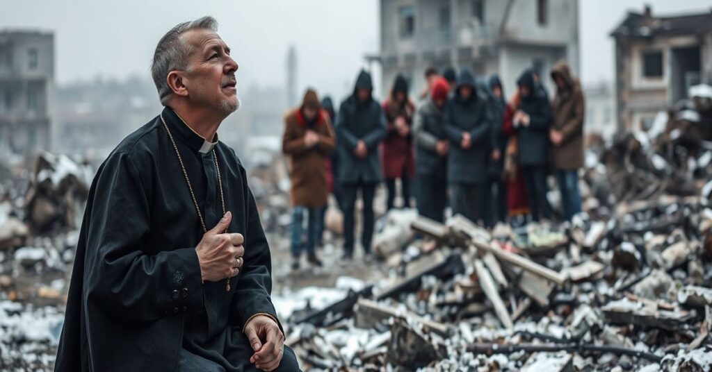 Tradycyjny katolicki ksiądz modlący się w rujnach bombardowanej Charkowa