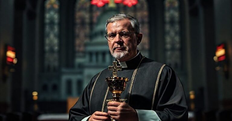 Ksiądz w tradycyjnym stroju liturgicznym trzyma monstrancję przed ołtarzem kościoła, symbolizującym prawdziwe lekarstwo na społeczne problemy