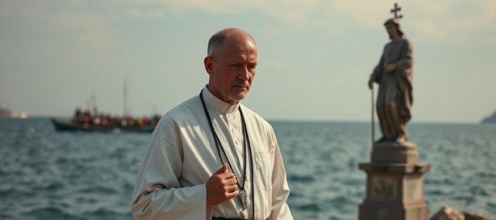 Tradycyjny katolicki ksiądz stojący na brzegu greckiej wyspy, patrząc na odległy przeludniony statek migrantów. W ręku trzyma różaniec i ma smutny wyraz twarzy.