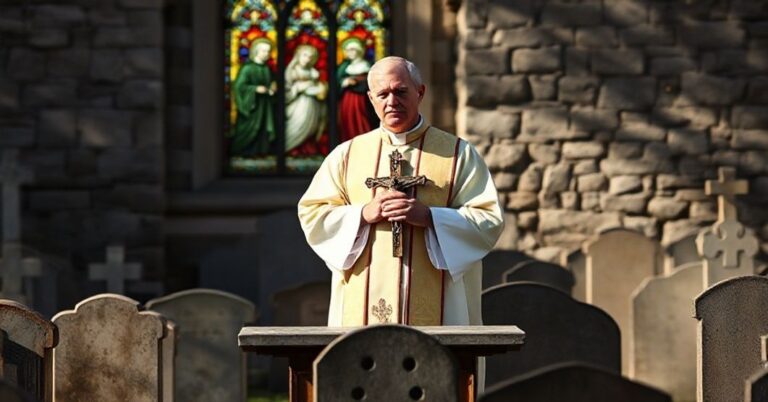 Pozornie katolicki ksiądz w ornacie stoi przy ołtarzu na cmentarzu, trzymając krzyż. W tle witraż przedstawiający świętych w chwale niebieskiej. Scena jest poważna i religijna, podkreślająca tradycyjne katolickie nauki o świętości i modlitwie za zmarłych.