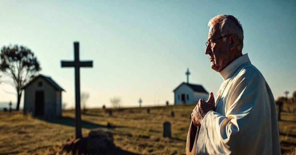 Stary ksiądz w tradycyjnych szatach stojący na cmentarzu przed krzyżem z wyrazem głębokiej refleksji na twarzy.