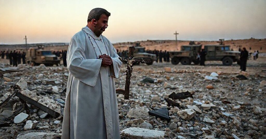 Ksiądz w tradycyjnym ornaty stoi na ruinach zniszczonego kościoła w Samarii, trzymając zniszczony krucyfiks na tle izraelskich pojazdów wojskowych.