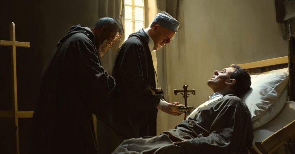 Ksiądz katolicyzmu w tradycyjnym ornaty uzdrawia chorego przez namaszczenie olejem świętym w szpitalu.