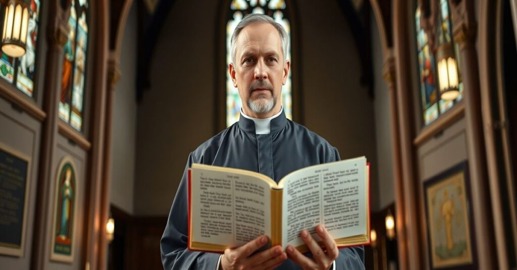 Tradycyjny ksiądz w kościele z księgą o nieśmiertelnej duszy