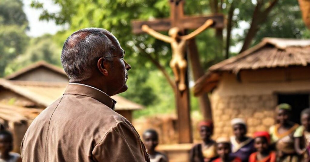 Ksiądz w tradycyjnym ornaty stoi przed krzyżem w biednej afrykańskiej wiosce, symbolizując napięcie między pomocą materialną a misją duchową.
