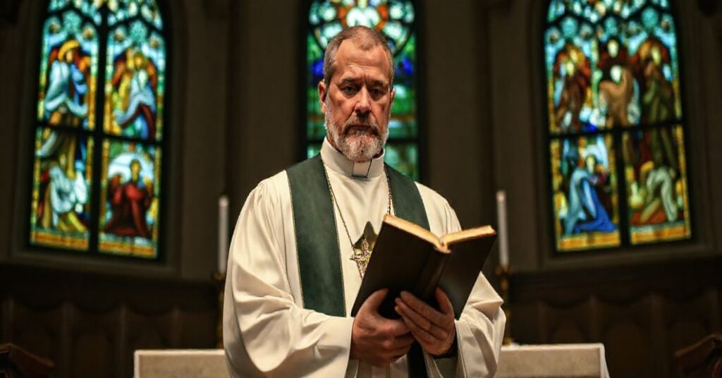 Ksiądz stoi przed tradycyjnym ołtarzem, trzymając Biblię, z poważną miną, na tle kościoła z witrażami przedstawiającymi Zmartwychwstanie i Sąd Ostateczny. Obraz podkreśla nadprzyrodzoną rzeczywistość Zmartwychwstania i konieczność pokuty.