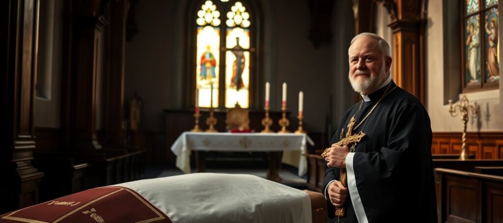 Wnętrze tradycyjnego kościoła katolickiego z księdzem w pełnym stroju liturgicznym stojącym obok trumny Franciszka Kasyny.
