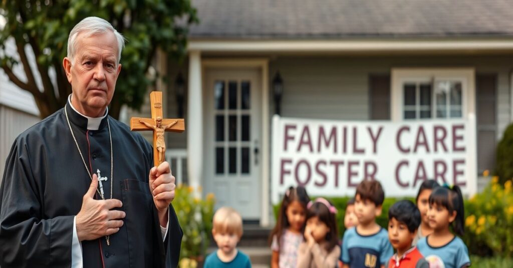 Ksiądz w tradycyjnym habitach stoi przed domem rodziny zastępczej z krzyżem w ręku, otoczony dziećmi słuchającymi jego nauk. Scena ukazuje obronę katolickich wartości rodzinnych przed ideologią gender.