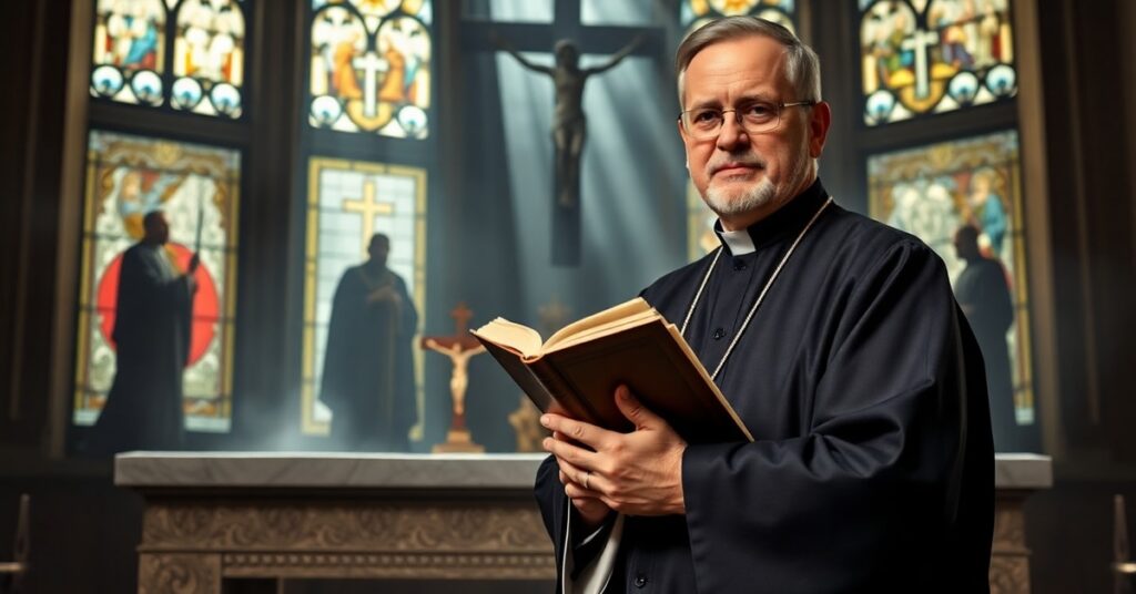 Ksiądz w tradycyjnym stroju liturgicznym stoi przed ołtarzem z krucyfiksem, trzymając egzemplarz Sumy Teologicznej. W tle rozmywają się postacie modernistycznych 'papieskich' symbolizujące fałszywe nauki.