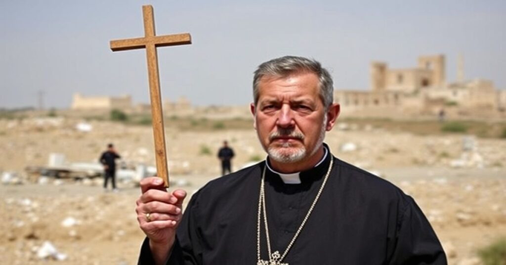 Katolicki ksiądz w tradycyjnym habitacie stoi na Ziemi Świętej w pobliżu Tubas z krzyżem podniesionym do góry, symbolizując obronę świętych miejsc przed izraelskimi osadnikami.