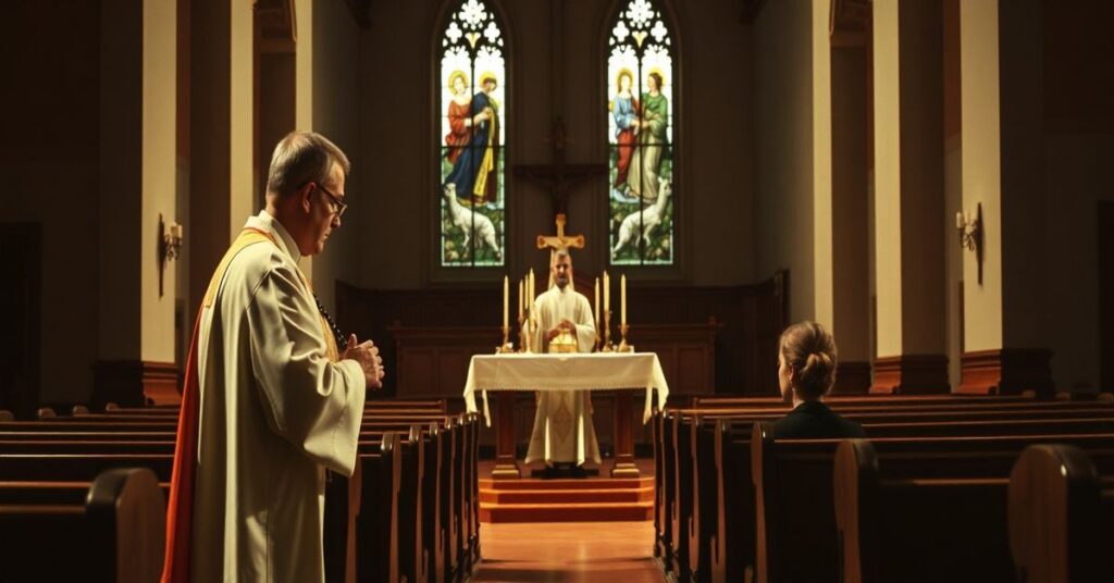 Ksiądz w tradycyjnych szatach liturgicznych w kościele, modlący się przed ołtarzem z krzyżem i świecami.