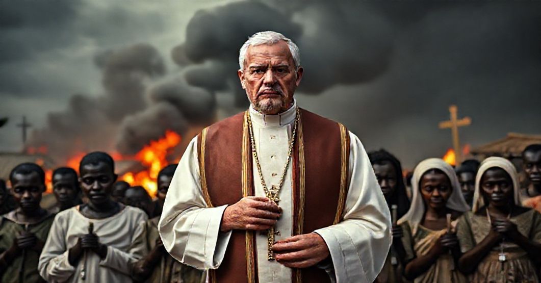 Tradycyjny katolicki ksiądz w ornacie stoi przed grupą chrześcijan afrykańskich, trzymających różańce i krzyże. W tle wypala się wioska w Nigerii. Scena symbolizuje prześladowanie religijne.