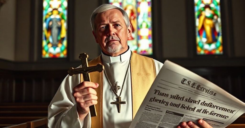 Katolicki ksiądz w tradycyjnych szatach kościelnych trzyma krzyż, wyrażając głęboki oburzenie wobec moralnej katastrofy Zachodu, tła doniosłego artykułu o negocjacjach Trumpa z Putinem i uznaniu Hamasu za formację policyjną.