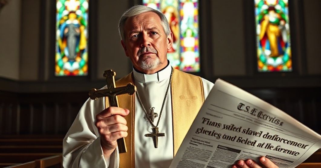 Katolicki ksiądz w tradycyjnych szatach kościelnych trzyma krzyż, wyrażając głęboki oburzenie wobec moralnej katastrofy Zachodu, tła doniosłego artykułu o negocjacjach Trumpa z Putinem i uznaniu Hamasu za formację policyjną.