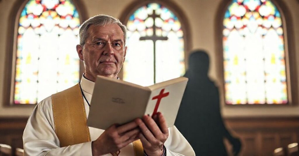 Ksiądz w tradycyjnym stroju liturgicznym trzyma książkę z czerwonym krzyżem na okładce w kościele