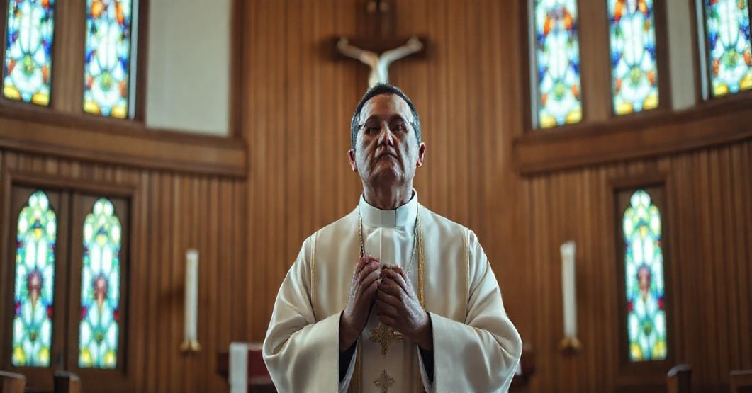 Tradycyjny katolicki ksiądz w pełnym stroju liturgicznym modli się przed ołtarzem z krzyżem w kościele z witrażami.