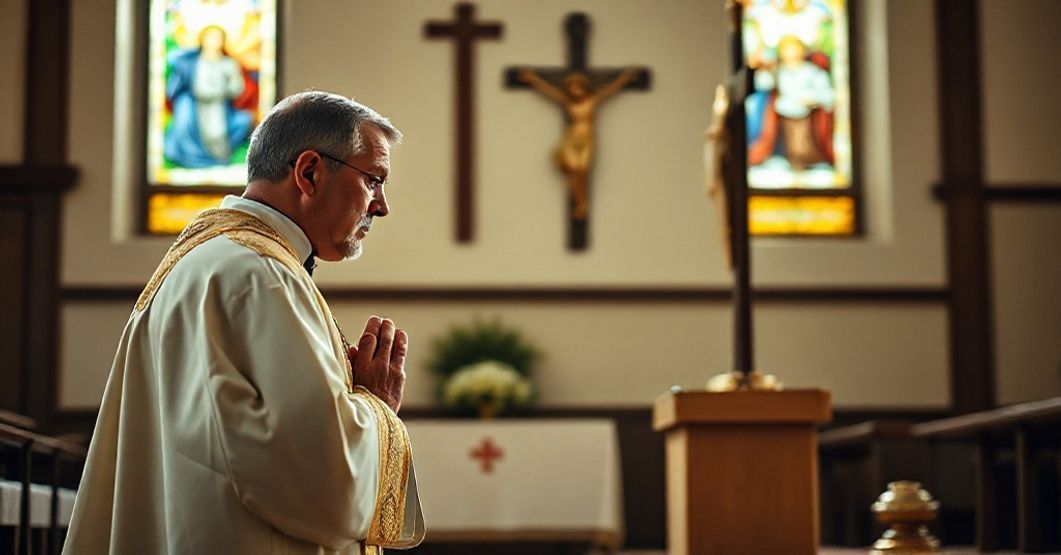 Tradycyjny katolicki ksiądz modlący się przed krzyżem w wnętrzu kościoła