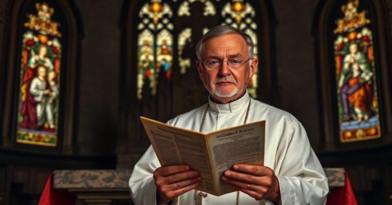 Ksiądz w tradycyjnych szatach liturgicznych stojący przed ołtarzem z poważnym wyrazem twarzy.