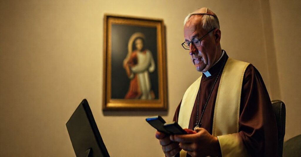 Ksiądz w tradycyjnym strój liturgiczny stoi przed wygaszonym ekranem wyświetlającym interfejs czatbota. Na tle widać słabo oświetloną obrazek Chrystusa Króla. Młody chłopiec siedzi obok z telefonem w ręku.