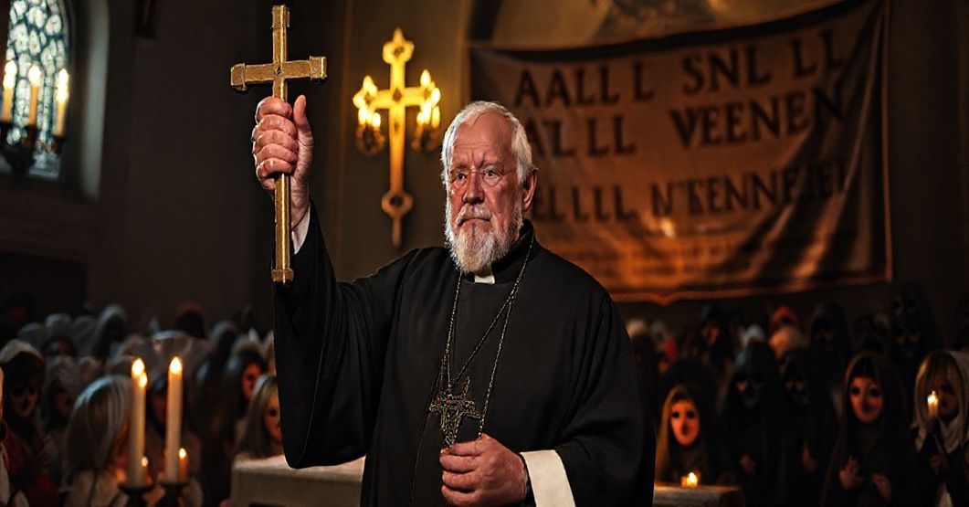 Stary tradycyjny ksiądz w sutannie stoi przed ołtarzem z krzyżem, ostrzegając przed duchowymi niebezpieczeństwami Halloween