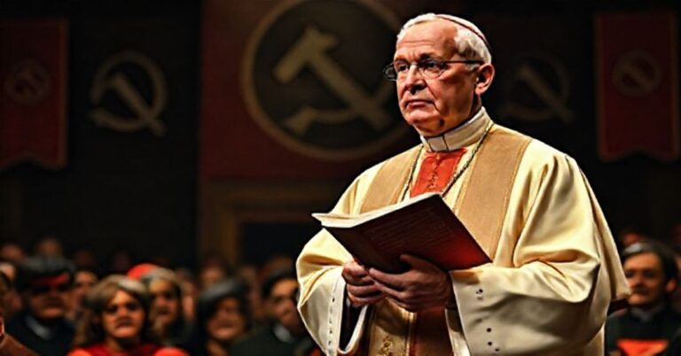 Ksiądz w tradycyjnych szatach kościelnych trzyma encyklikę 'Divini Redemptoris' Piusa XI, przemawia do zebranych katolików o zagrożeniach nowej lewicy i komunistycznego dziedzictwa.