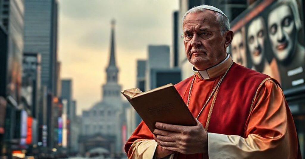 Katolicki ksiądz w tradycyjnych szatach liturgicznych stoi przed nowoczesnym miastem pełnym reklam i sztucznej inteligencji propagandy.