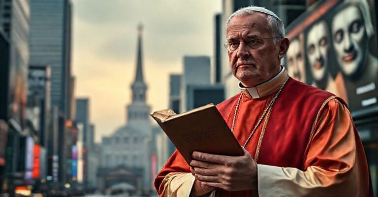 Katolicki ksiądz w tradycyjnych szatach liturgicznych stoi przed nowoczesnym miastem pełnym reklam i sztucznej inteligencji propagandy.